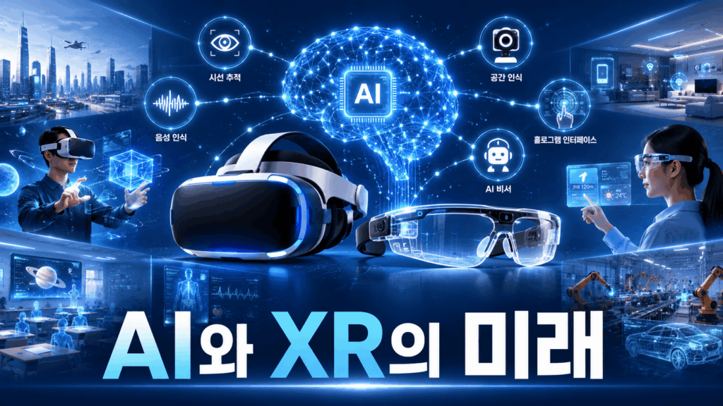 인공지능과 가상현실, 증강현실 기술의 융합을 상징하는 미래형 공간 컴퓨팅 이미지.