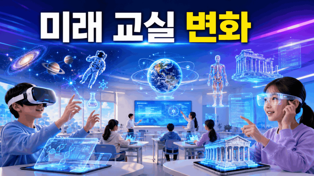 가상현실과 증강현실 기술이 적용된 미래형 교실에서 학생들이 다양한 디지털 학습을 체험하는 모습을 표현한 이미지.