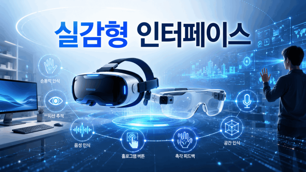 VR 헤드셋과 AR 스마트 글라스 주변에 손동작과 시선 추적, 음성 인식 인터페이스가 홀로그램 형태로 표현된 미래형 실감 인터페이스 이미지.