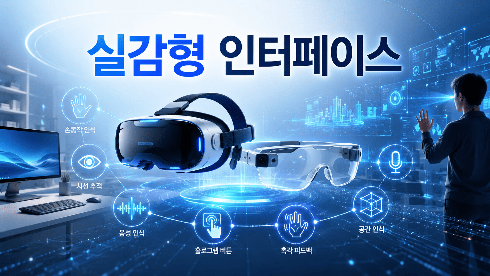 VR 헤드셋과 AR 스마트 글라스 주변에 손동작과 시선 추적, 음성 인식 인터페이스가 홀로그램 형태로 표현된 미래형 실감 인터페이스 이미지.