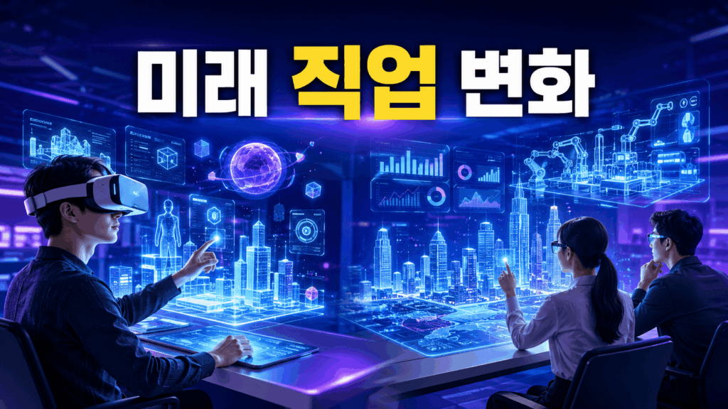 미래형 디지털 공간에서 가상현실과 증강현실 기술을 활용하는 다양한 직업과 첨단 업무 환경을 표현한 이미지