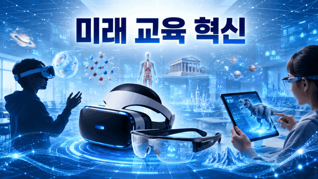 VR 헤드셋과 AR 스마트 글라스를 중심으로 미래형 교육 콘텐츠가 홀로그램 형태로 펼쳐진 모습.