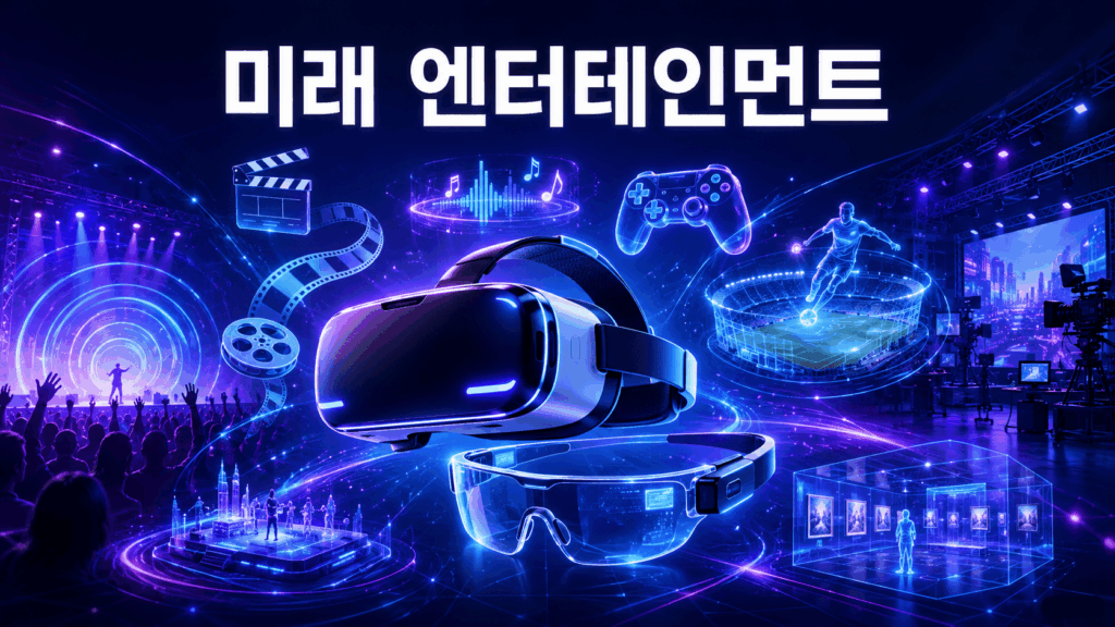 차세대 VR 헤드셋과 AR 스마트 글라스를 중심으로 영화, 게임, 공연, 스포츠를 상징하는 홀로그램 요소가 펼쳐진 미래 엔터테인먼트 산업 이미지.