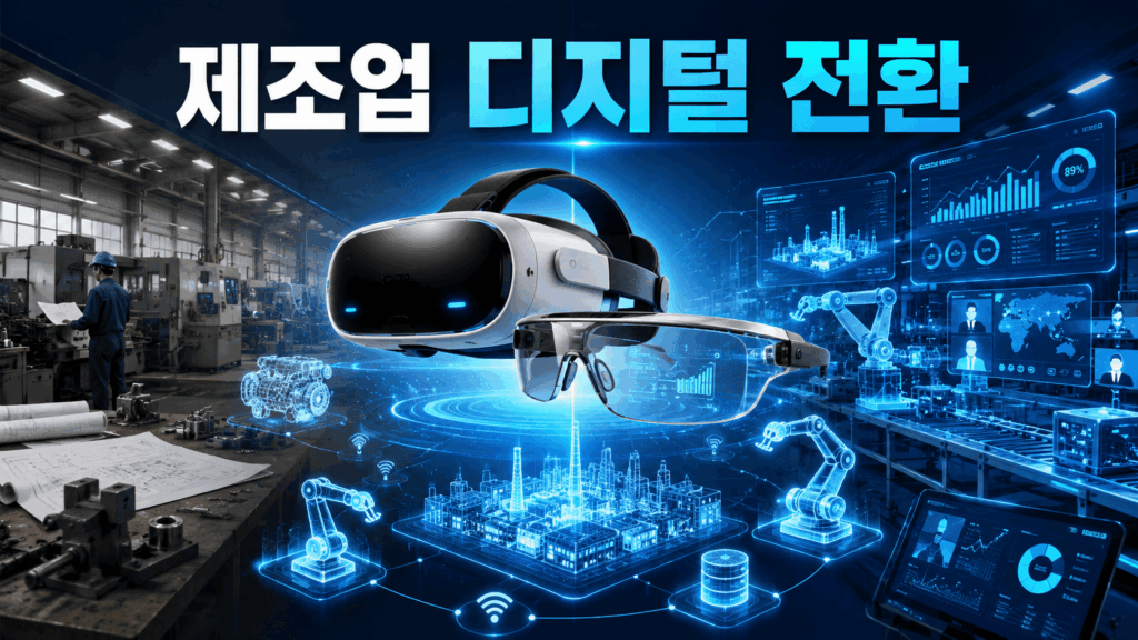 VR 헤드셋과 AR 스마트 글라스를 중심으로 스마트팩토리와 디지털 트윈 기술이 연결된 미래 제조업 환경을 표현한 이미지.