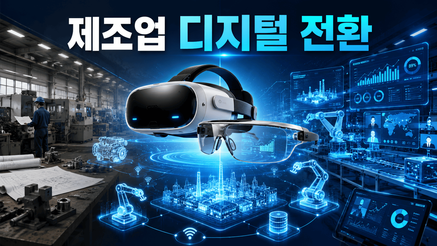 VR 헤드셋과 AR 스마트 글라스를 중심으로 스마트팩토리와 디지털 트윈 기술이 연결된 미래 제조업 환경을 표현한 이미지.