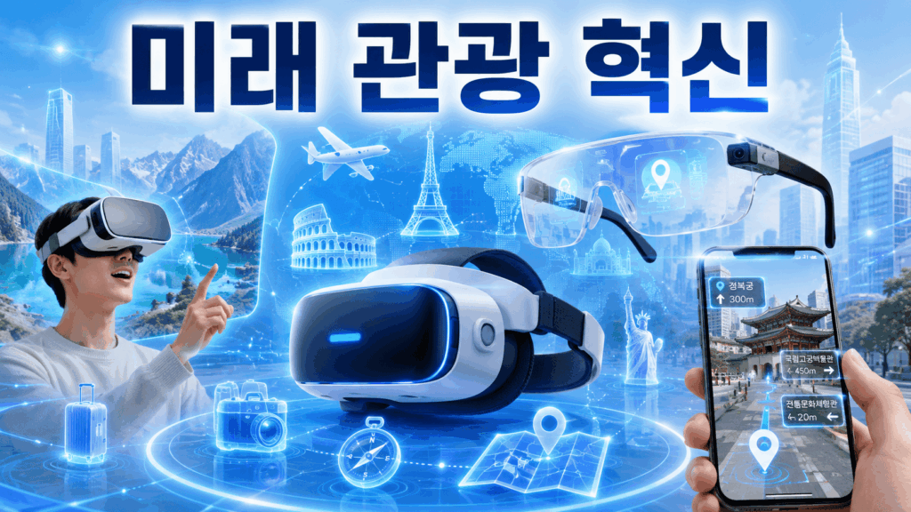 VR 헤드셋과 AR 스마트 글라스를 중심으로 미래형 관광 서비스와 디지털 여행 경험을 표현한 이미지.