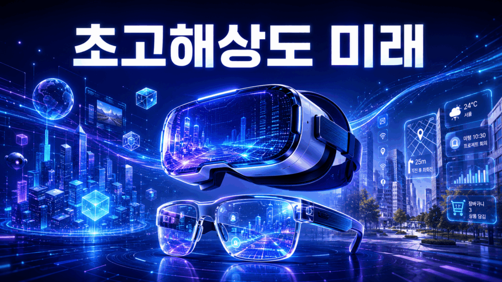 초고해상도 디스플레이를 적용한 VR 헤드셋과 스마트 글라스가 미래형 디지털 공간에서 가상현실과 증강현실을 구현하는 모습을 표현한 이미지.