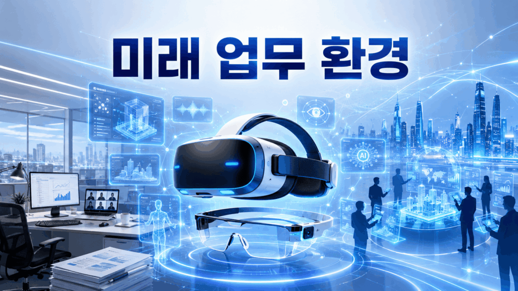 차세대 VR 헤드셋과 AR 스마트 글라스를 중심으로 미래형 협업 공간과 디지털 업무 환경이 표현된 이미지.