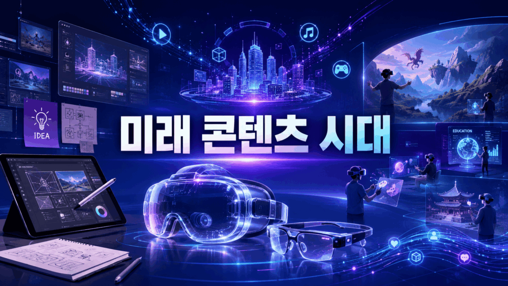 VR 헤드셋과 스마트 글라스를 중심으로 미래형 디지털 콘텐츠 제작 환경과 다양한 가상 콘텐츠가 표현된 이미지.