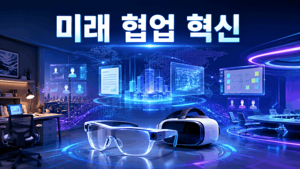 가상현실과 증강현실 기술을 활용한 미래형 원격 협업 환경과 디지털 회의 공간을 표현한 이미지