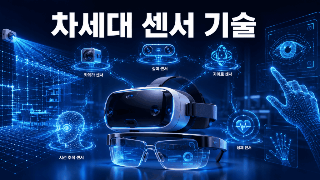 차세대 VR 헤드셋과 AR 스마트 글라스 주변에 다양한 센서와 홀로그램 데이터가 연결된 미래형 XR 기술 이미지.