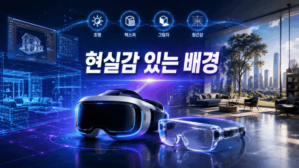 VR 헤드셋과 AR 스마트 글라스를 중심으로 현실적인 3차원 공간과 조명 효과가 표현된 미래형 배경 이미지.