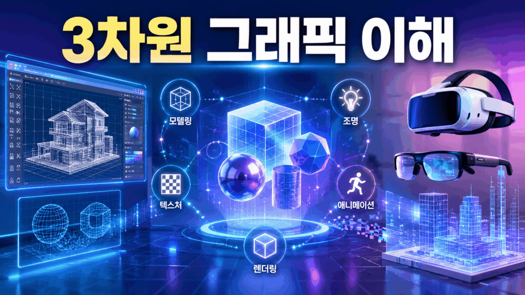 가상현실과 증강현실 콘텐츠 제작에 사용되는 3차원 그래픽 요소와 입체 오브젝트를 표현한 미래형 이미지.