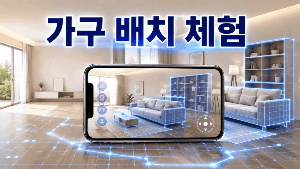 스마트폰을 이용해 거실 공간에 증강현실 가구를 미리 배치해보는 모습을 표현한 이미지.