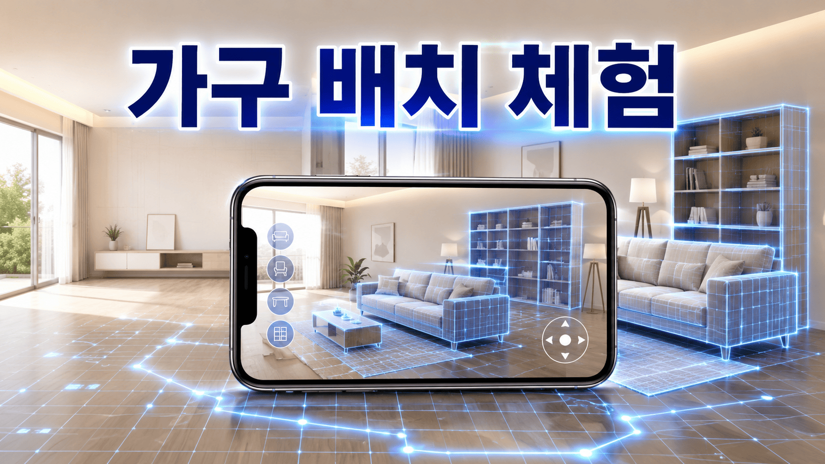 스마트폰을 이용해 거실 공간에 증강현실 가구를 미리 배치해보는 모습을 표현한 이미지.