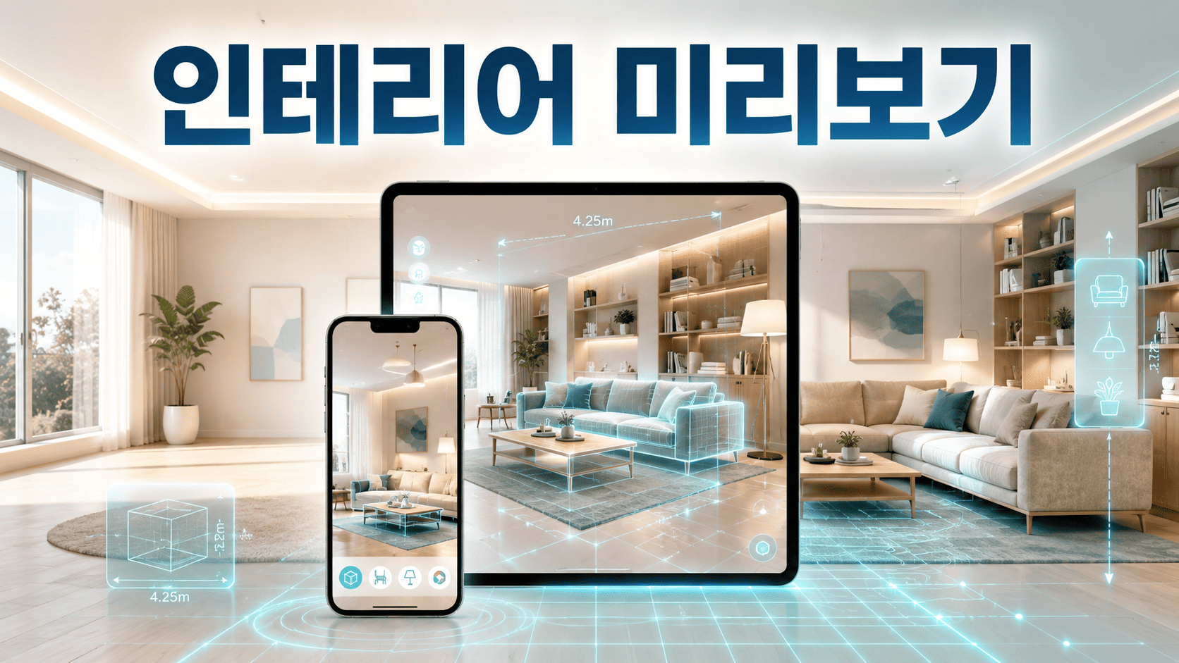 스마트폰 화면을 통해 거실 공간에 가상 가구를 배치하며 인테리어를 미리 확인하는 모습을 표현한 이미지.