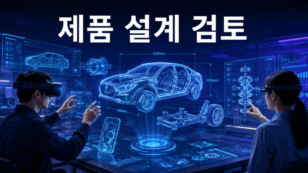 가상현실과 증강현실 기술을 활용해 제품 구조를 입체적으로 검토하는 미래형 산업 설계 환경을 표현한 이미지