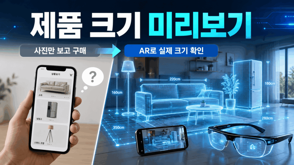 증강현실 기술을 이용해 거실 공간에서 가구와 생활용품의 실제 크기를 미리 확인하는 모습을 표현한 이미지.