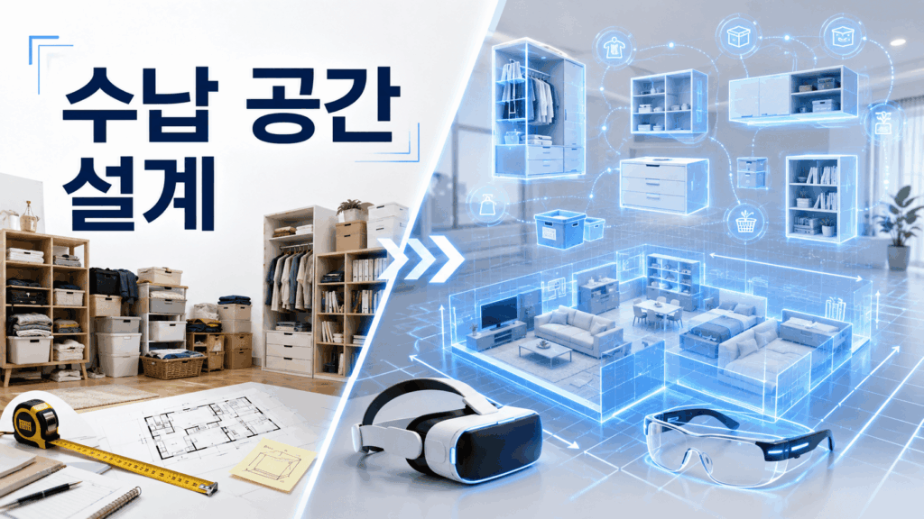 가상현실과 증강현실 기술을 활용해 집 안 수납 공간을 효율적으로 설계하는 모습을 표현한 미래형 이미지