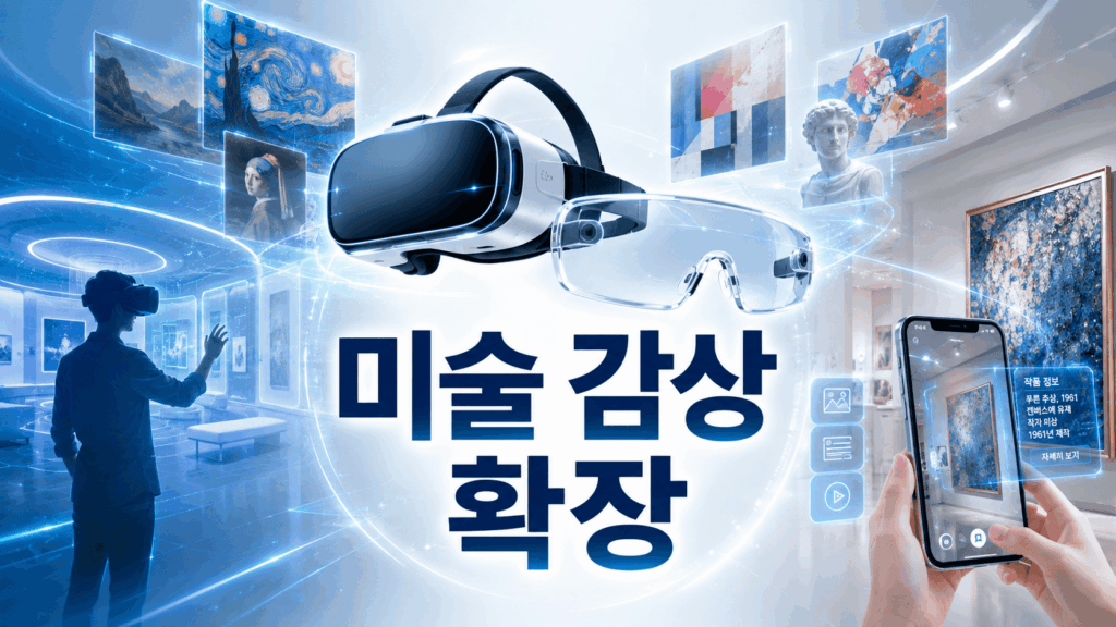 가상현실 헤드셋과 증강현실 안경을 중심으로 디지털 미술 작품과 전시 공간이 펼쳐진 미래형 예술 감상 이미지.