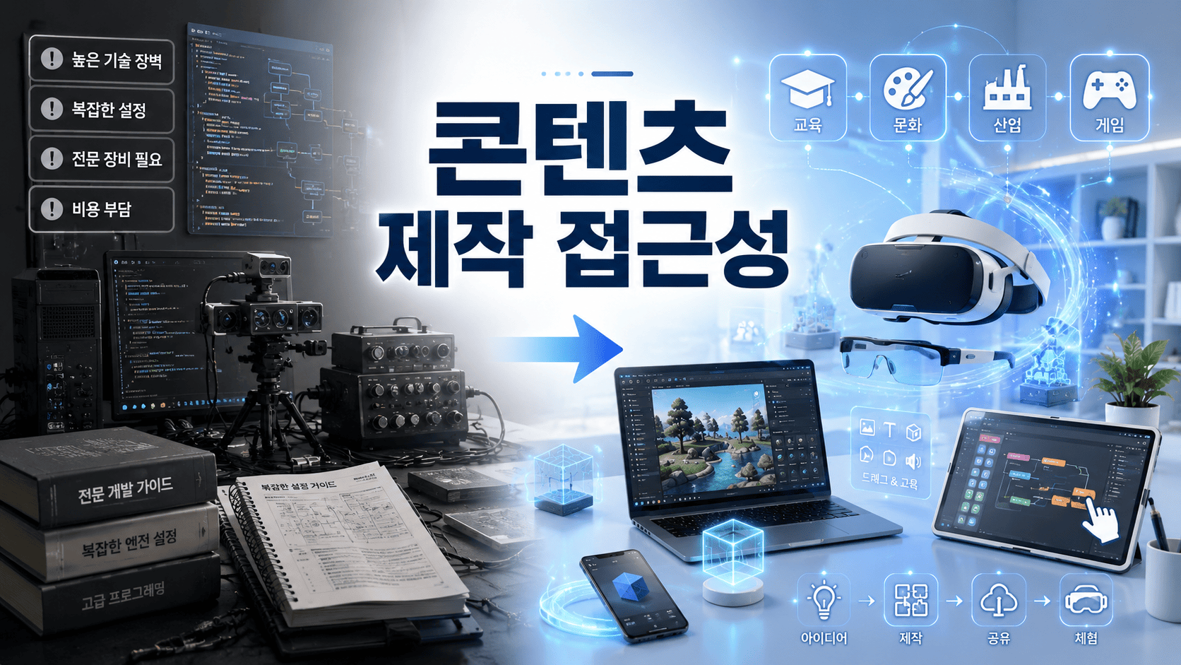 과거의 복잡한 제작 환경과 누구나 쉽게 활용할 수 있는 미래형 VR·AR 콘텐츠 제작 환경을 비교해 보여주는 이미지.