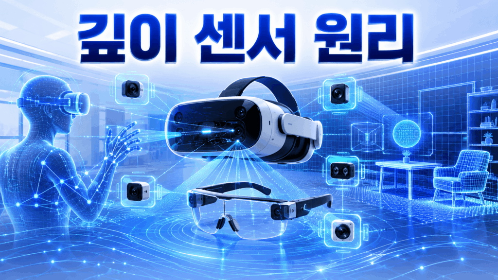 차세대 VR 헤드셋과 AR 스마트 글라스 주변에서 깊이 센서가 공간과 물체를 인식하는 원리를 표현한 미래형 일러스트.