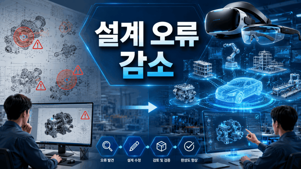 VR과 AR 기술을 활용해 3차원 설계 모델을 검토하며 산업 현장의 설계 오류를 줄이는 과정을 표현한 이미지