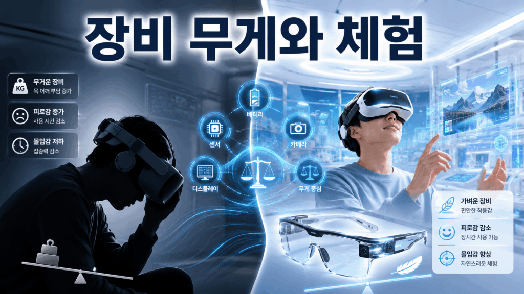 무거운 VR 장비와 가벼운 차세대 VR·AR 장비의 착용 경험 차이를 비교한 미래 기술 이미지.
