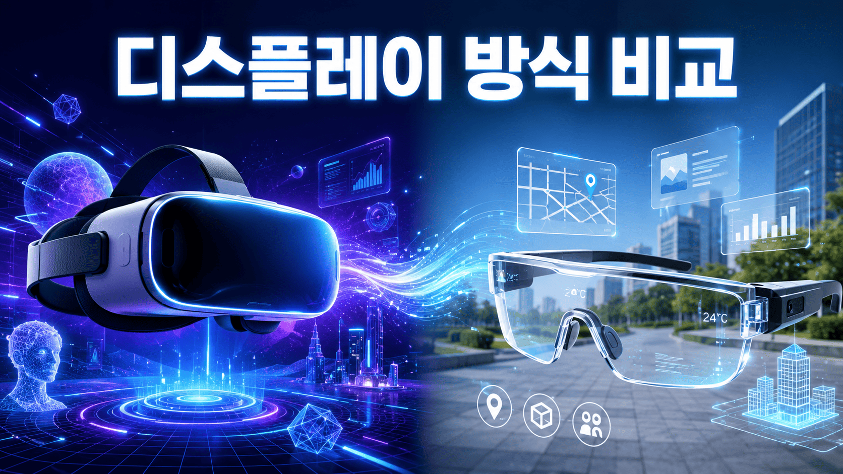 VR 헤드셋과 AR 스마트 글라스를 나란히 배치해 가상현실과 증강현실의 디스플레이 방식을 비교한 미래 기술 이미지.