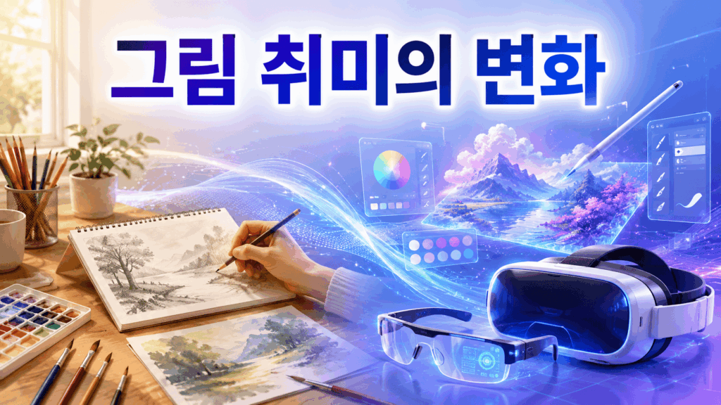 전통적인 그림 도구와 VR·AR 기술을 활용한 디지털 창작 환경을 함께 표현한 미래형 그림 그리기 이미지.