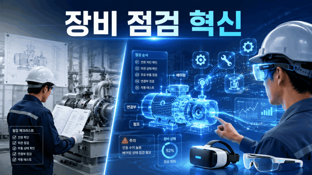 증강현실과 가상현실 기술을 활용해 산업 장비 점검 과정을 시각적으로 지원하는 미래형 작업 환경을 표현한 이미지.