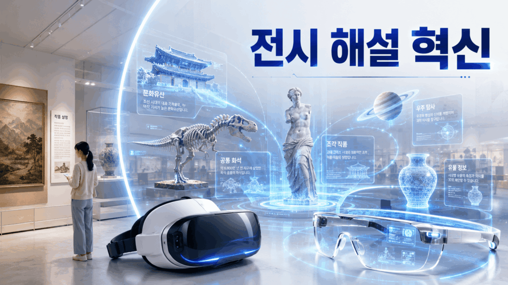박물관 전시 공간에서 VR 헤드셋과 AR 기술을 활용해 작품 정보를 입체적으로 제공하는 미래형 전시 해설 장면.
