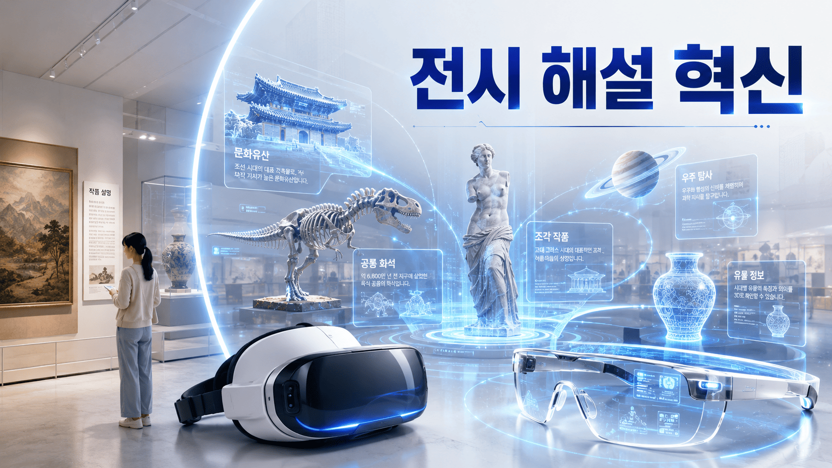 박물관 전시 공간에서 VR 헤드셋과 AR 기술을 활용해 작품 정보를 입체적으로 제공하는 미래형 전시 해설 장면.
