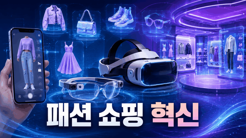 가상현실과 증강현실 기술을 활용한 미래형 패션 쇼핑 공간과 가상 피팅 서비스를 표현한 이미지.
