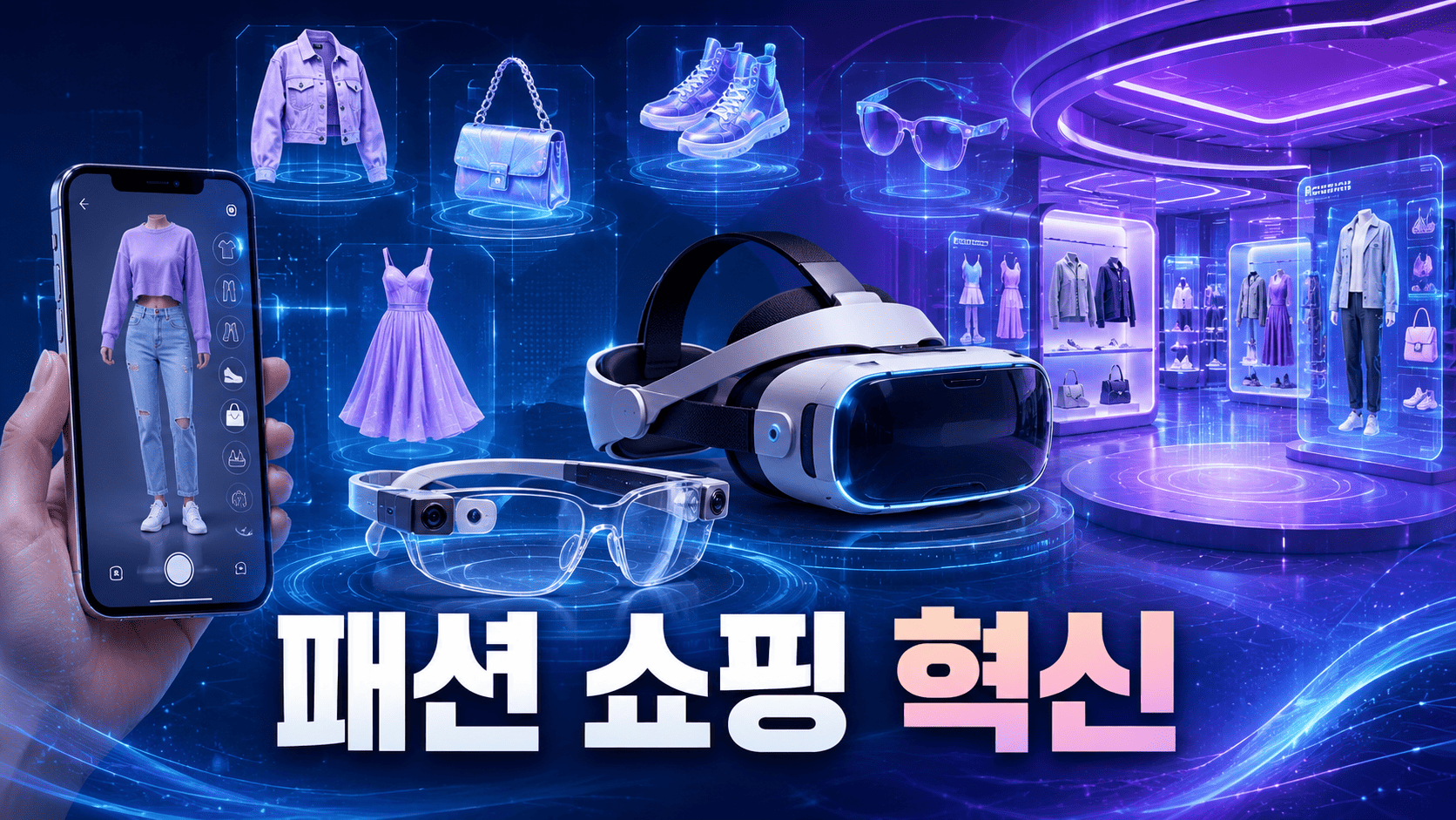 가상현실과 증강현실 기술을 활용한 미래형 패션 쇼핑 공간과 가상 피팅 서비스를 표현한 이미지.