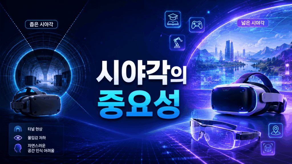 시야각이 좁은 초기 VR 장비와 넓은 시야각을 제공하는 차세대 VR 헤드셋 및 AR 스마트 글라스를 비교해 표현한 미래 기술 이미지.