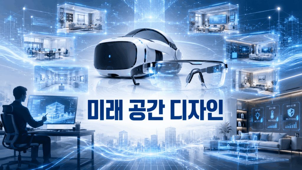 VR 헤드셋과 AR 스마트 글라스를 중심으로 미래형 공간 설계와 디지털 환경이 표현된 이미지.