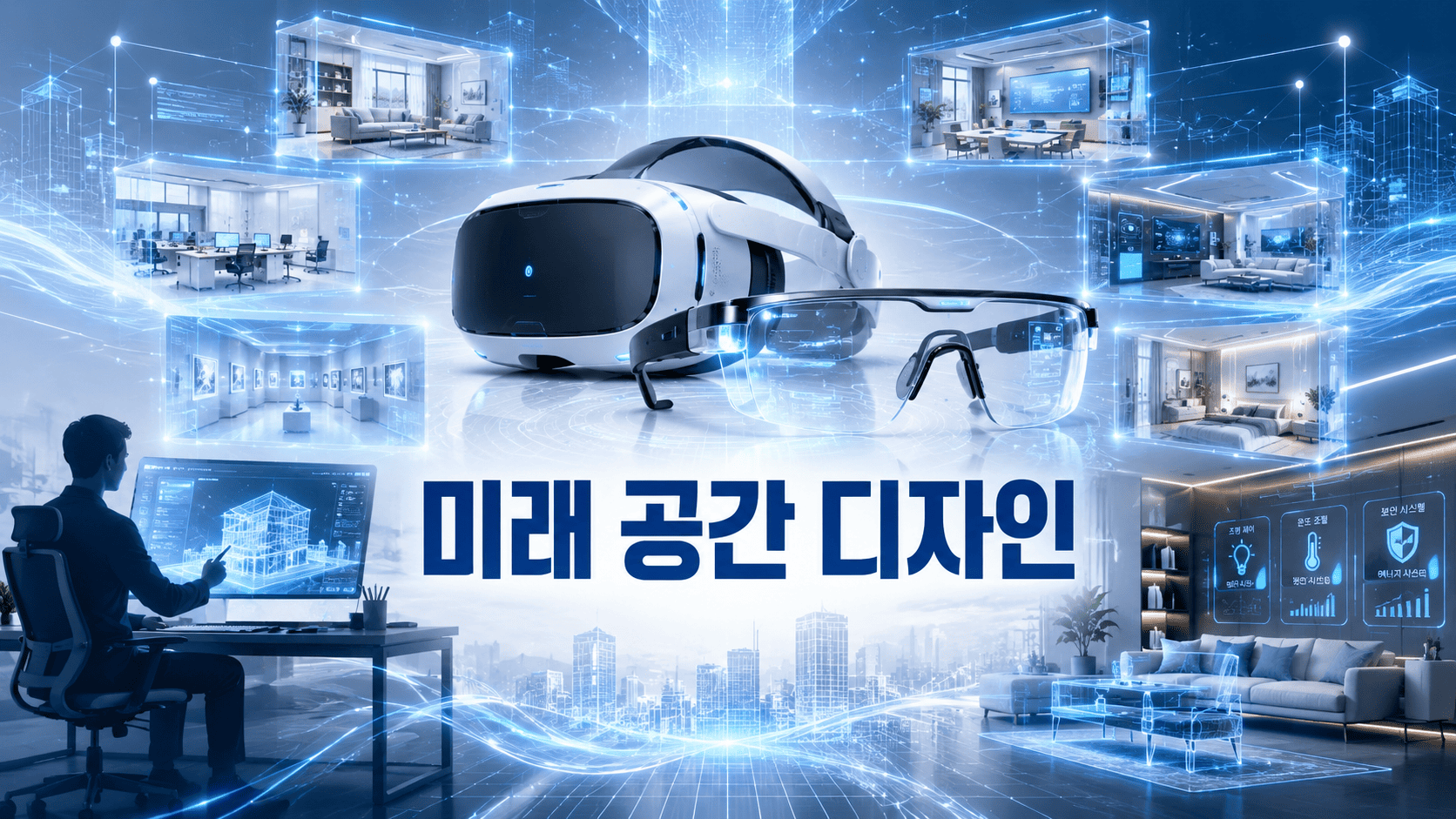 VR 헤드셋과 AR 스마트 글라스를 중심으로 미래형 공간 설계와 디지털 환경이 표현된 이미지.