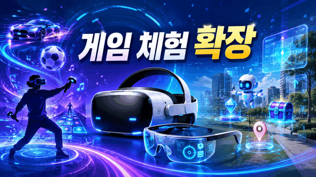 가상현실 헤드셋과 증강현실 스마트 글라스를 중심으로 미래형 게임 체험 공간이 펼쳐진 모습을 표현한 이미지.