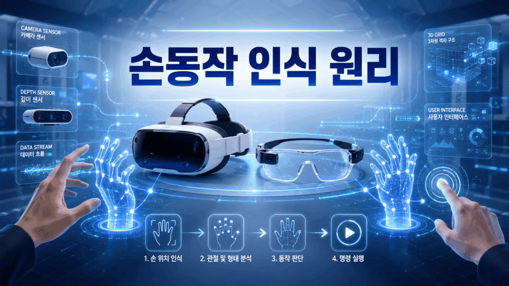 VR 헤드셋과 AR 스마트 글라스 주변에서 손동작을 인식하는 홀로그램 손과 센서 구조가 표현된 미래형 기술 이미지.