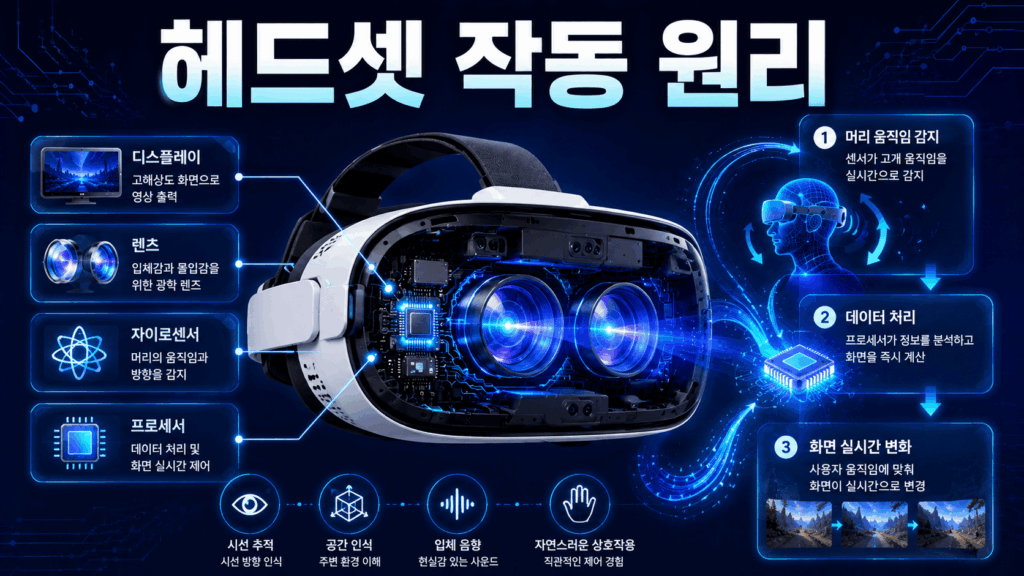 VR과 AR 헤드셋의 내부 구성 요소와 센서 작동 원리를 시각적으로 표현한 정보성 이미지.