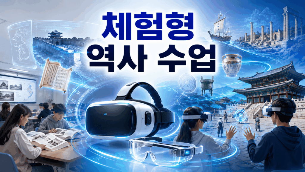 가상현실과 증강현실 기술을 활용해 역사 유적과 고대 문명을 체험하는 미래형 역사 교육 장면을 표현한 이미지.