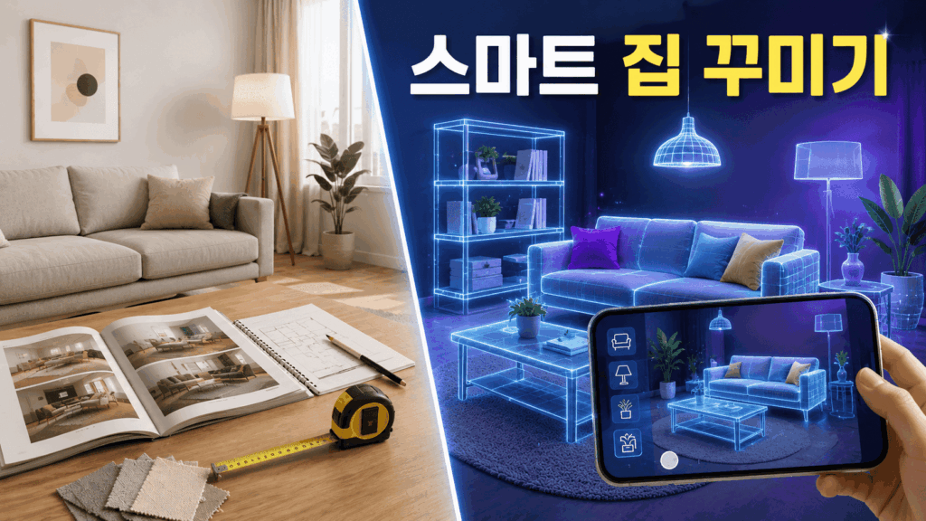 증강현실과 가상현실 기술을 활용해 거실 공간의 가구 배치를 미리 확인하는 미래형 집 꾸미기 장면.