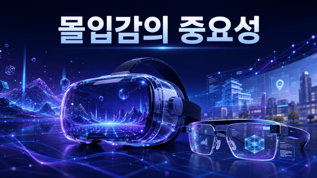 VR 헤드셋과 스마트 글라스를 중심으로 현실과 가상 세계가 연결되며 몰입감을 표현한 미래 기술 이미지.