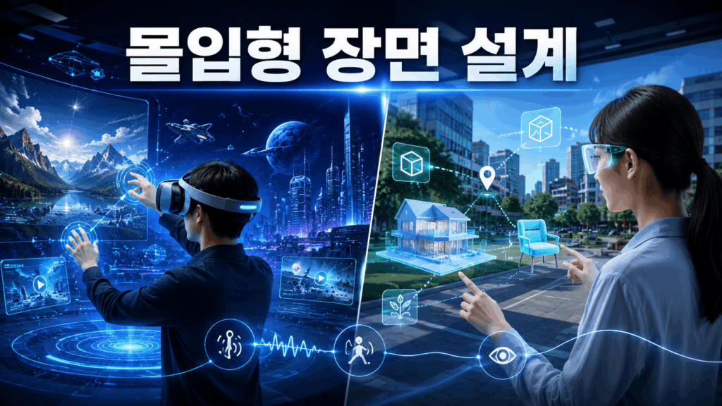 가상현실과 증강현실 환경에서 몰입형 장면을 설계하는 모습을 표현한 미래형 XR 콘텐츠 제작 이미지.