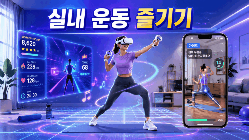 가상현실과 증강현실 기술을 활용해 집 안에서 재미있게 운동하는 미래형 홈트레이닝 공간을 표현한 이미지.
