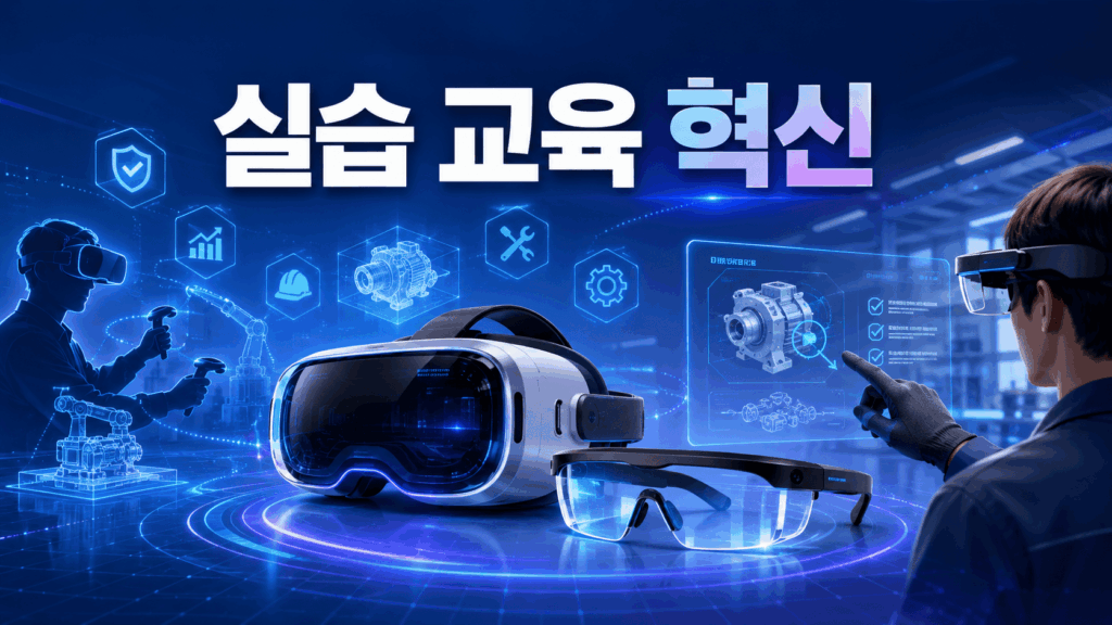 가상현실과 증강현실 기술을 활용한 미래형 산업 실습 교육 환경을 표현한 이미지.