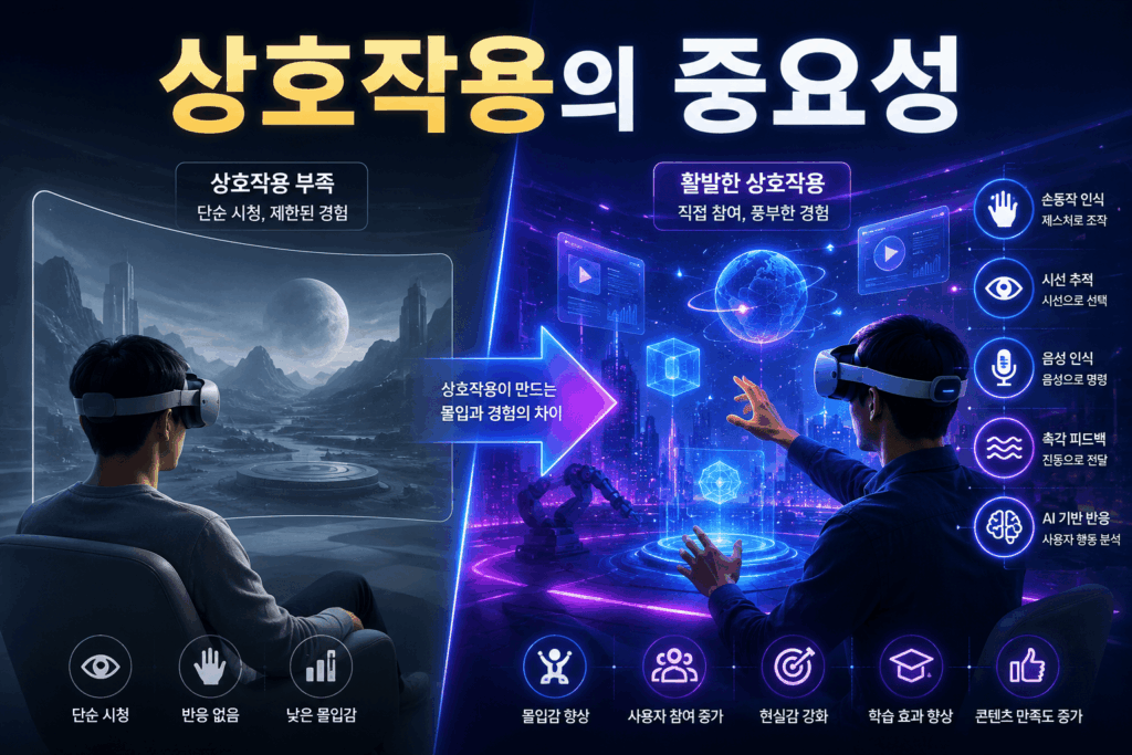 상호작용이 부족한 환경과 활발한 상호작용이 이루어지는 VR·AR 환경을 비교하여 보여주는 미래 기술 이미지.
