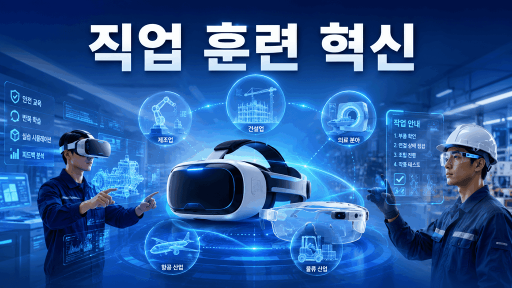 가상현실과 증강현실 기술을 활용한 미래형 직업 훈련 환경과 다양한 산업 분야의 실습 장면을 표현한 이미지.
