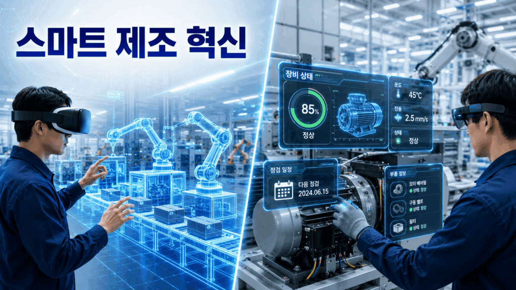 가상현실과 증강현실 기술이 적용된 스마트 공장에서 작업자와 디지털 정보가 함께 표현된 미래형 제조 현장 이미지